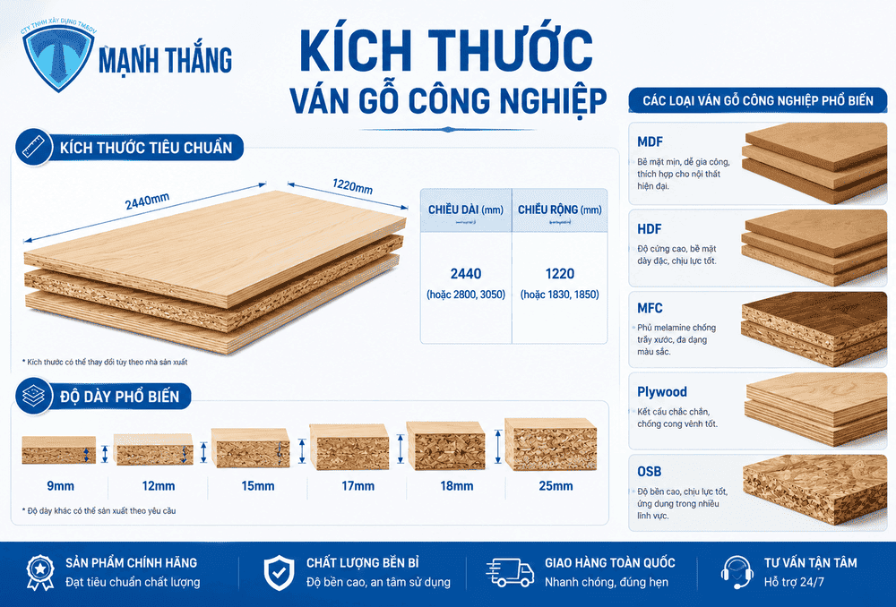 Kích thước ván gỗ công nghiệp